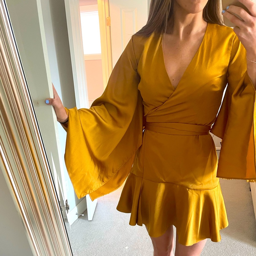 Gold Keepsake Long Sleeve Tie Mini Dress